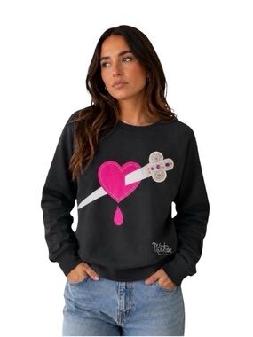 MOTHER Black Crewneck Sweatshirt with Hot Pink Heart & Dagger Graphic
